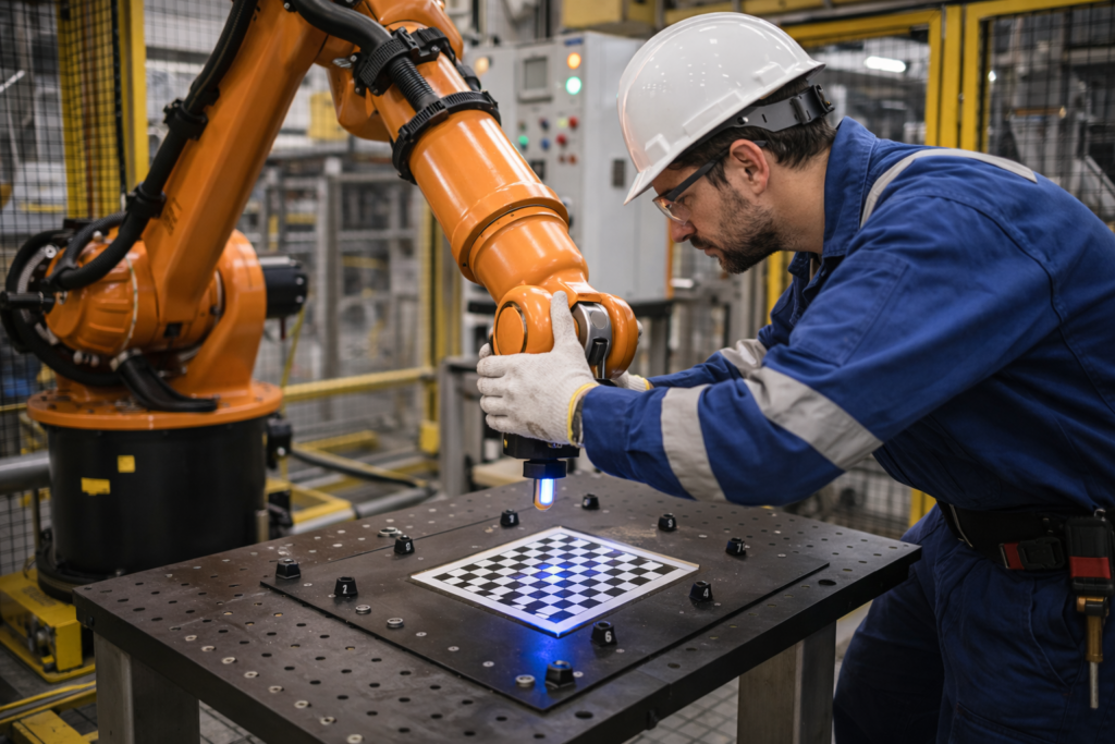 Engineer calibrates robotic arm in production cell