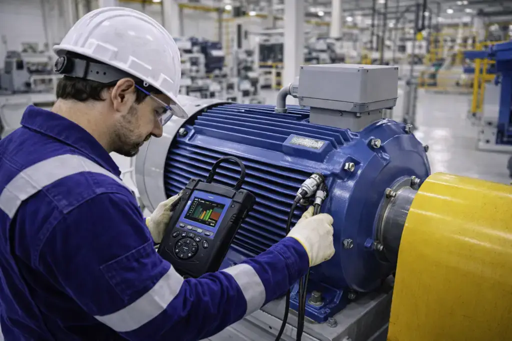 Engineer measuring motor vibration in factory