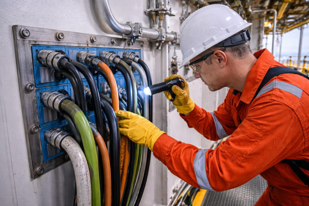 Inspecting cable seals on offshore platform