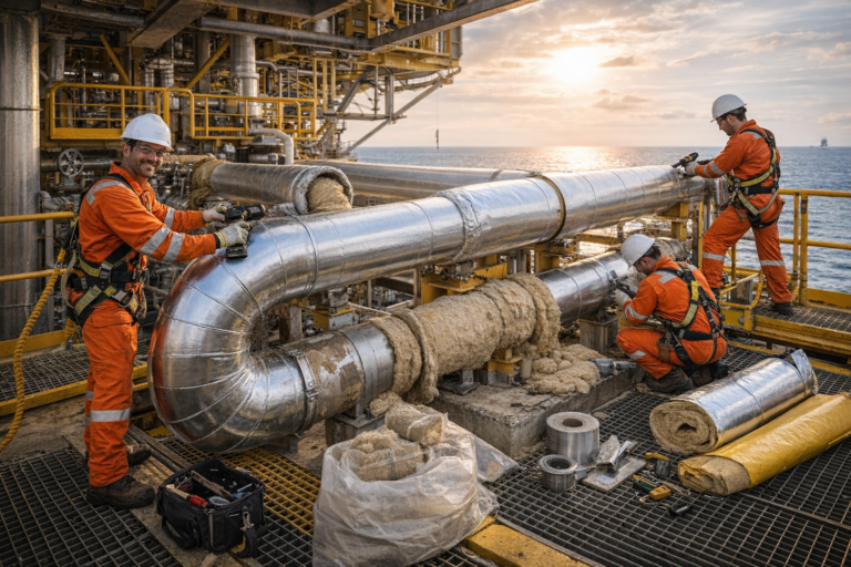 Offshore workers replacing pipe insulation