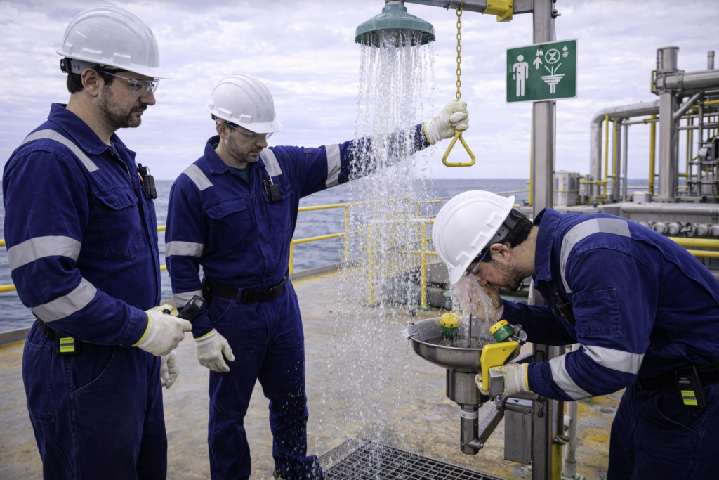 Offshore workers testing safety equipment